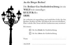 Das Auktionshaus Villa Griesebach sponserte eine Anzeige im Tagesspiegel mit dem Aufruf zur Abstimmung über die Zukunft der Berliner Gasbeleuchtung
